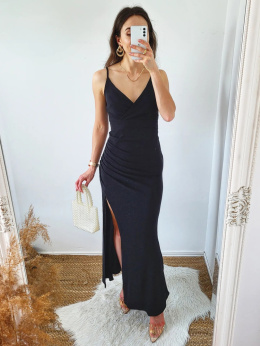 Lena - czarna brokatowa sukienka maxi z rozcięciem