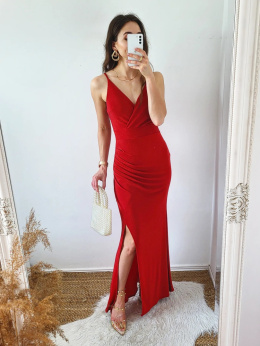 Lena - czerwona brokatowa sukienka maxi z rozcięciem