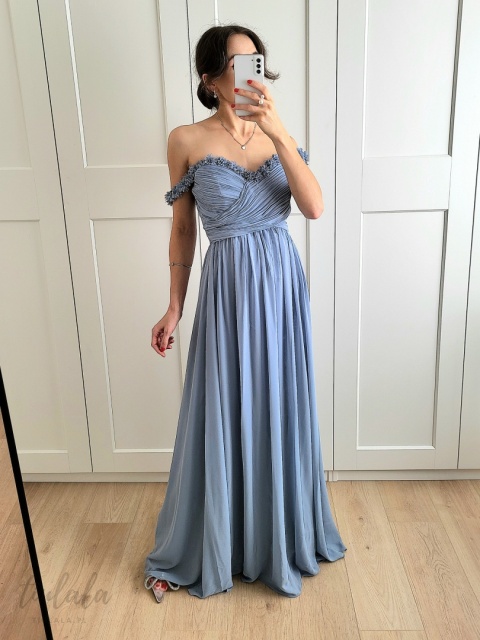 Clara błękitna sukienka maxi ze zdobioną górą