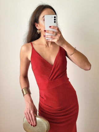 Czerwona długa sukienka brokatowa z rozcięciem Lena