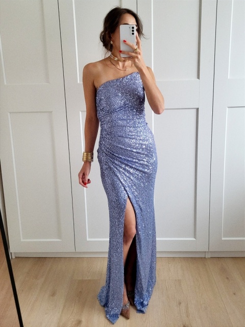 Niebieska długa sukienka cekinowa z gorsetem Lina