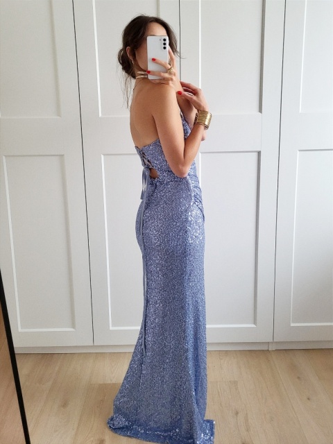 Niebieska długa sukienka cekinowa z gorsetem Lina