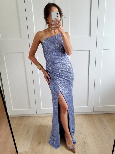 Niebieska długa sukienka cekinowa z gorsetem Lina