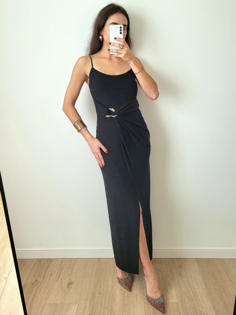 Loren czarna brokatowa sukienka z delikatnym rozcięciem