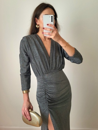 Srebrna brokatowa sukienka z długim rękawem Auris