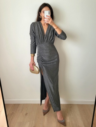 Srebrna brokatowa sukienka z długim rękawem Auris