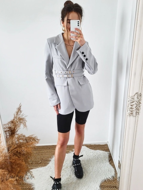 Szara marynarka oversize z dwoma paskami Grigio